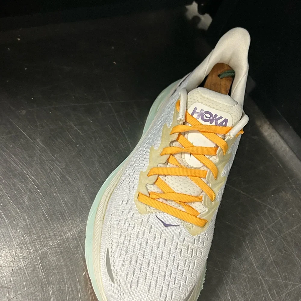 Hoka Women's White Sneakers with Yellow Laces and Purple Logo - Picture 6 of 11